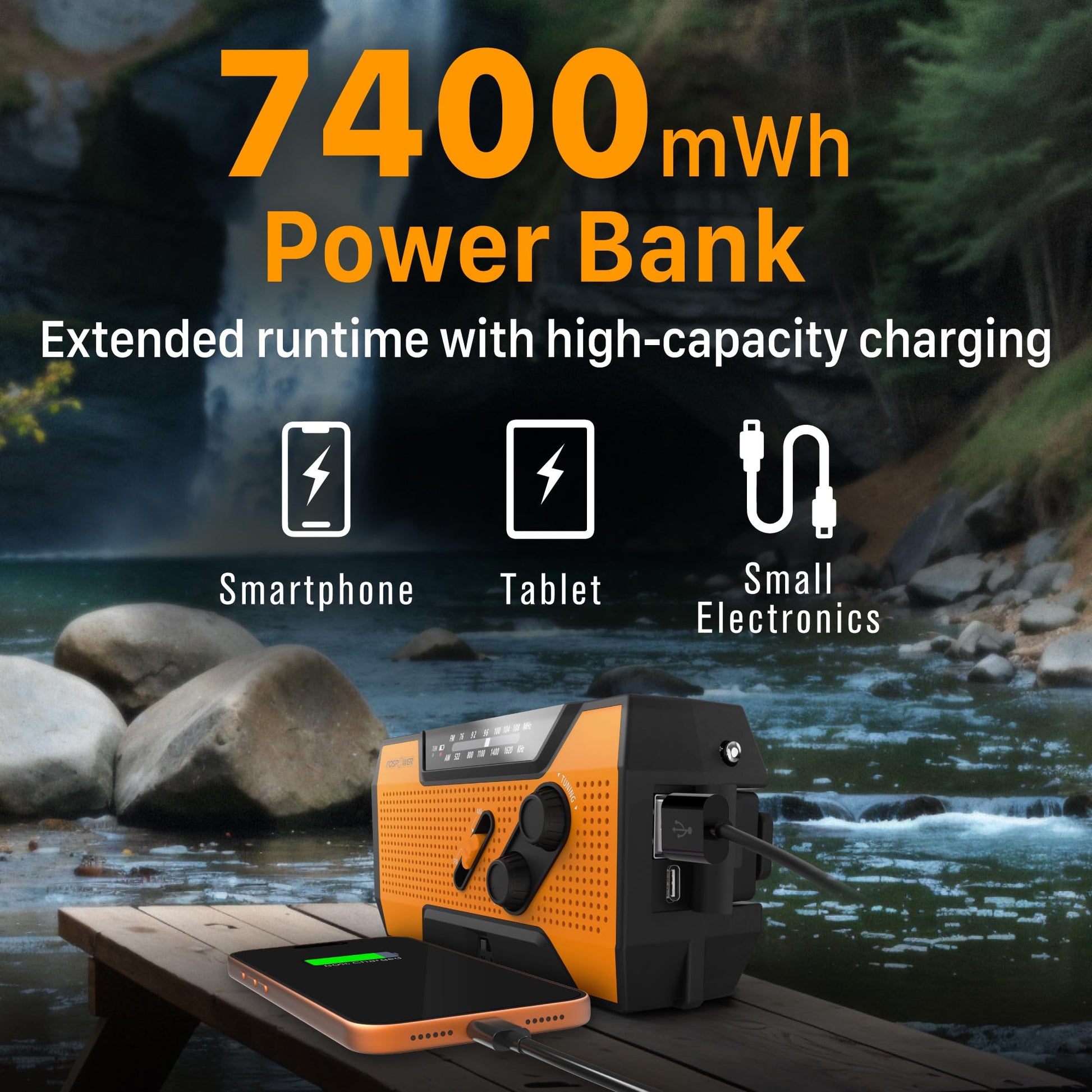 Buy now FosPower NOAA Emergency Weather Radio A1 7400mWh Portable Power Bank, AM/FM, USB/Solar/Hand Crank Charging, Battery Operated, SOS Alarm & Flashlight for Indoor/Outdoor Emergency - Orange at indiglob india