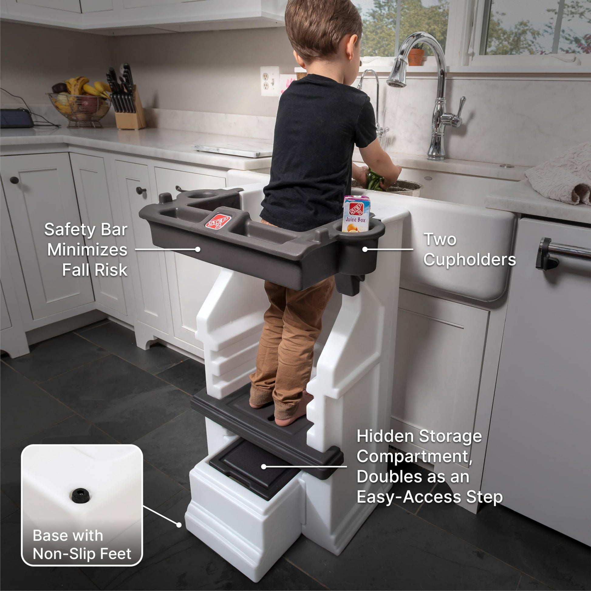 Buy now Step2 Mobile Helper, Toddler Step Stool & Tower Stand, Adjustable Height & Built-in Storage, Non-Slip Feet, Includes Safety Bar, Easy Wipe Down, for Kids 1.5+ Years Old at indiglob india