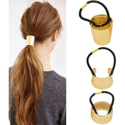 AUEAR, Brushed Metal Expandable Hair Cuff Ponytail Holder Elastic Tie for Women Girls Thick Rings Set (3 Pcs, Style 3)
