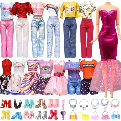 28 PCS Handmade Doll Clothes and Accessories Including 1 Fashion Dress 2 Party Dress 3 Outfits Tops and Pants 10 Pair of Shoes 12 Accessories in Random for 11.5 Inch Dolls