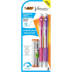 BIC Velocity Mechanical Pencils, With Colorful Barrel, Medium Point (0.7mm), 2-Count Pack Mechanical Pencils With Erasers