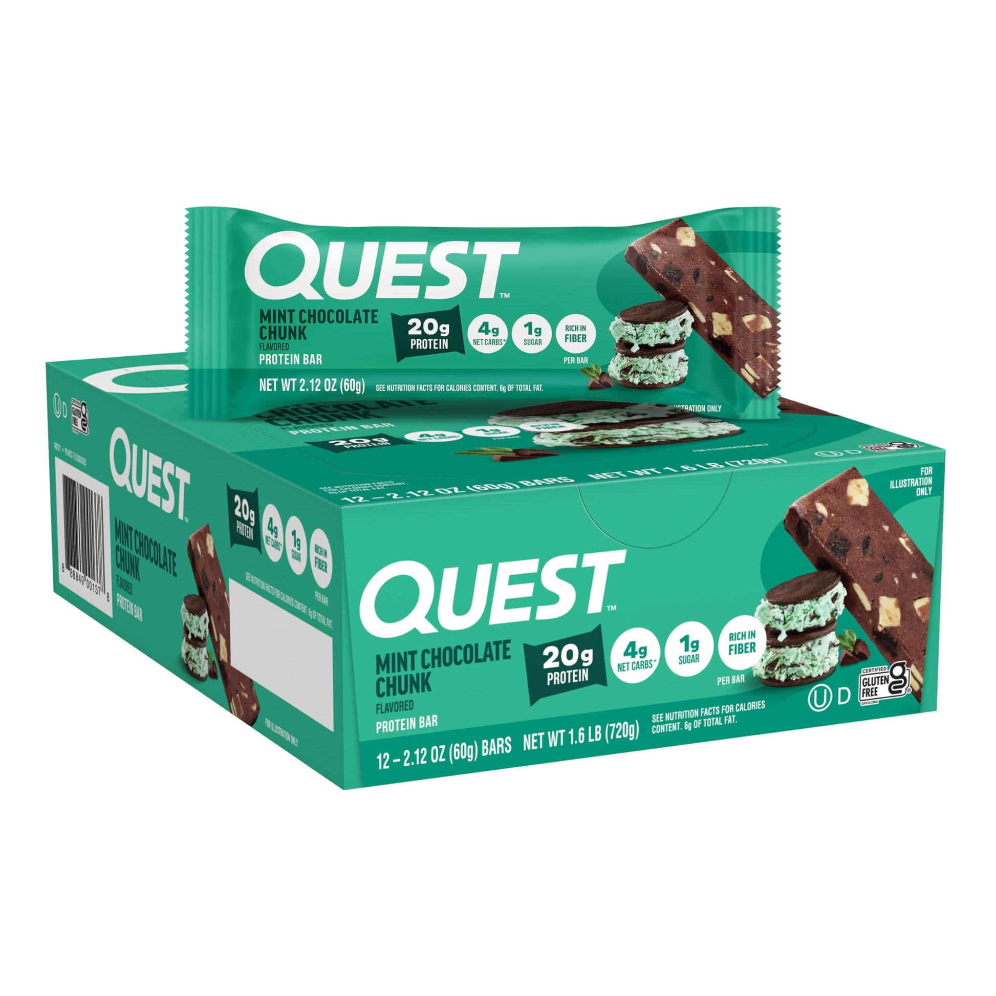 Buy now Quest Nutrition Chocolate Brownie Protein Bar, 20g Protein, 1g Sugar, 4g Net Carb, High Fiber, Gluten Free, 12 Count Mint Chocolate Chunk 12 Count (Pack of 1) at indiglob india