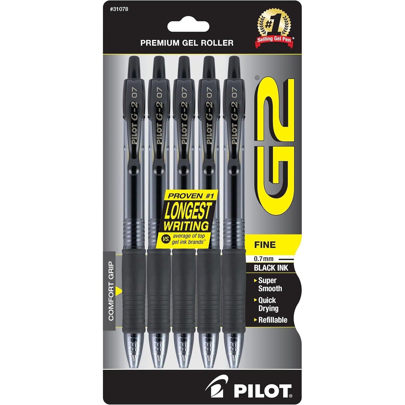 Pilot G2 Premium Gel Roller Pens 0.7, Fine Point Smooth Writing Pens Black, Pack of 5