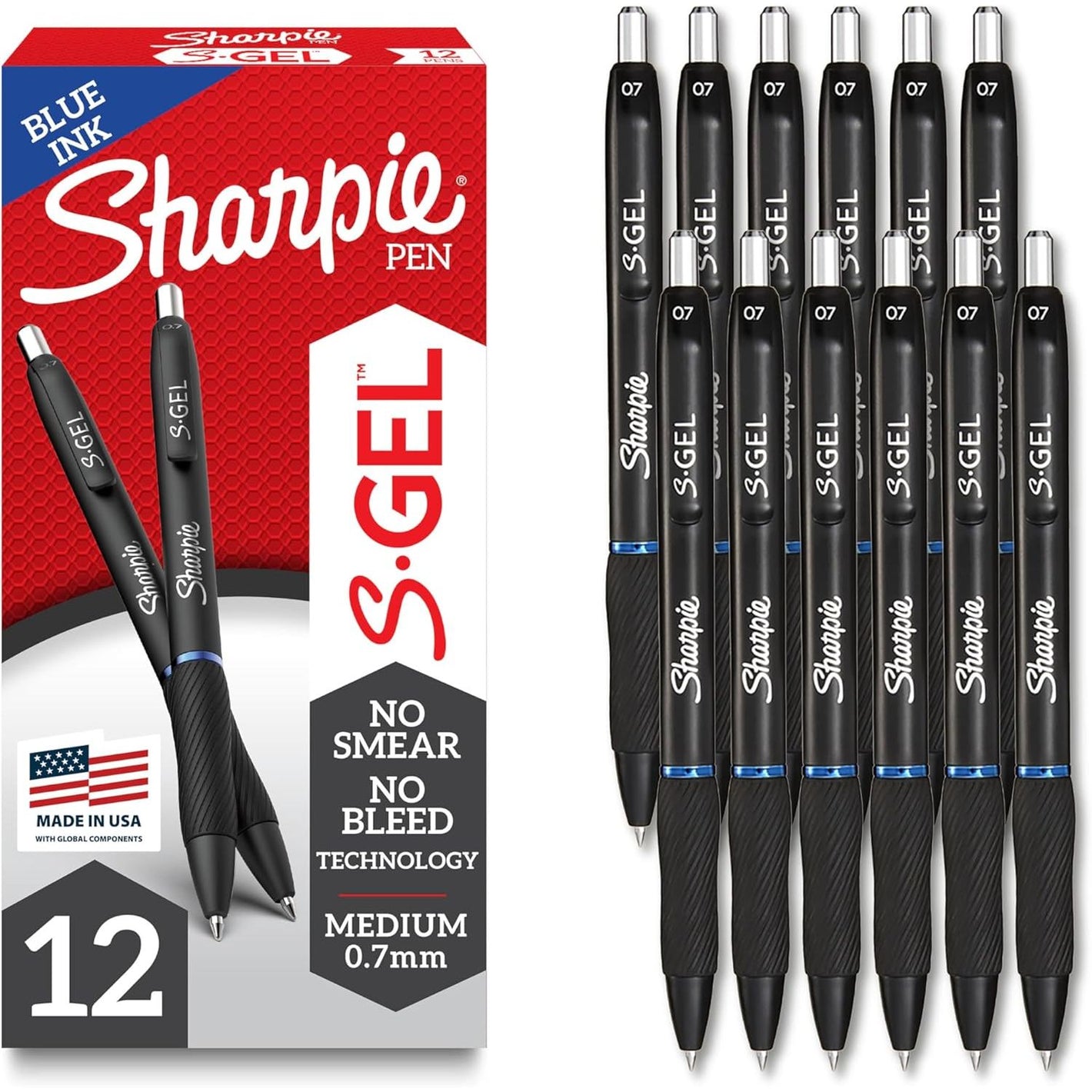 Sharpie S-Gel Pens, Medium Point (0.7mm), Blue Ink, 12 Count - Ideal for Writing, Journaling, Drawing, Coloring, Note-Taking, College Supplies