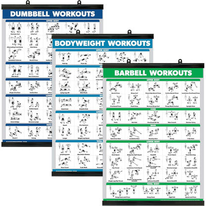 QUICKFIT 3 Pack - Dumbbell Workouts + Bodyweight Exercises + Barbell Routine Poster Set - Set of 3 Workout Charts (Laminated, 18" x 24")