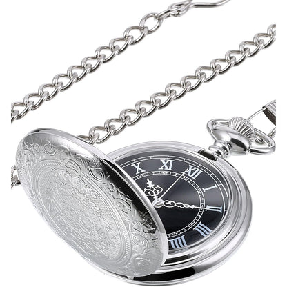 Men's Quartz Pocket Watch with Black Dial and Chain