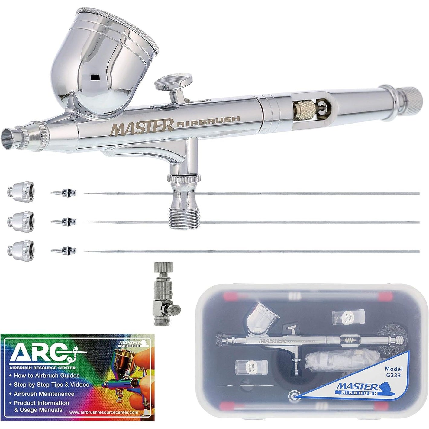 Master Performance G233 Pro Set Master Airbrush Gun with 3 Nozzle Sets (0.2, 0.3 & 0.5mm Needles, Fluid Tips and Air Caps) - Dual-Action Gravity Feed Airbrush, 1/3 oz Cup, Cutaway Handle