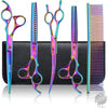 Professional Dog Grooming Scissors Set, 7 Inch/8 Inch Pet Grooming Scissors Chunkers Shears for Dog, Curved Dog Grooming Scissors, Thinning Shears for Dog with Grooming Comb - Rainbow