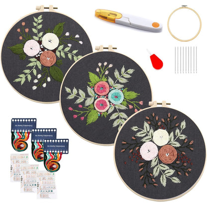 Maydear 3 Sets Embroidery kit for Beginners Adults,Embroidery Kit Punch Needle Kit Cross Stitch Kits with Embroidery Hoop and Instructions,Hand Embroidery Starter Kit
