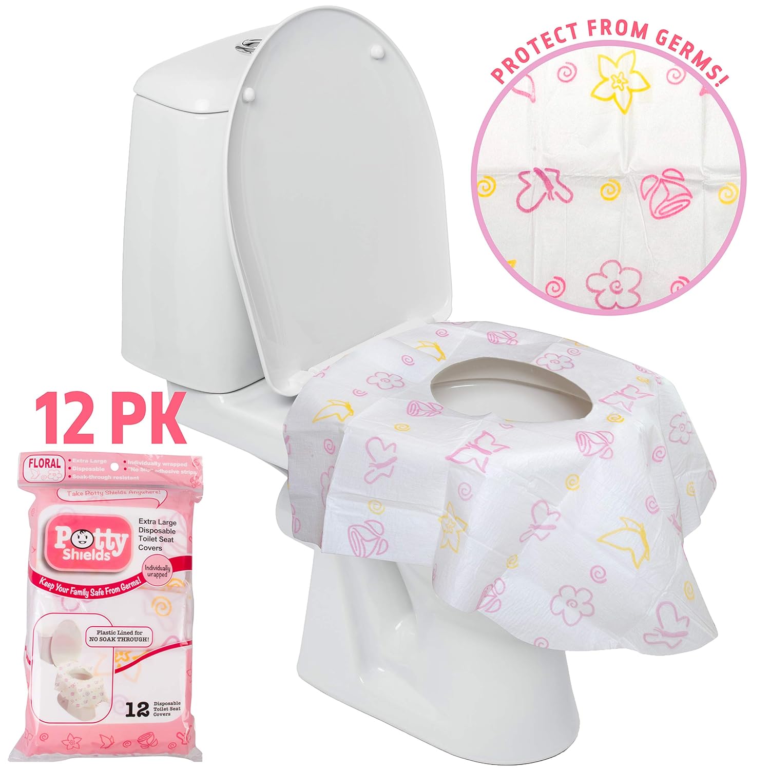 Buy now Toilet Seat Covers Disposable (12 Pack, Floral) - XL Waterproof Toilet Cover for Toddlers, Kids & Adults - Portable & Individually Wrapped for Travel, Potty Training & Public Restrooms at indiglob india