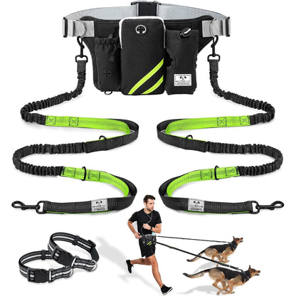 SHINE HAI Retractable Hands Free Dog Leash with Dual Bungees for 2 Dogs, Adjustable Waist Belt Fanny Pack, Reflective Stitching Leash for Running Walking Hiking Jogging Biking Black