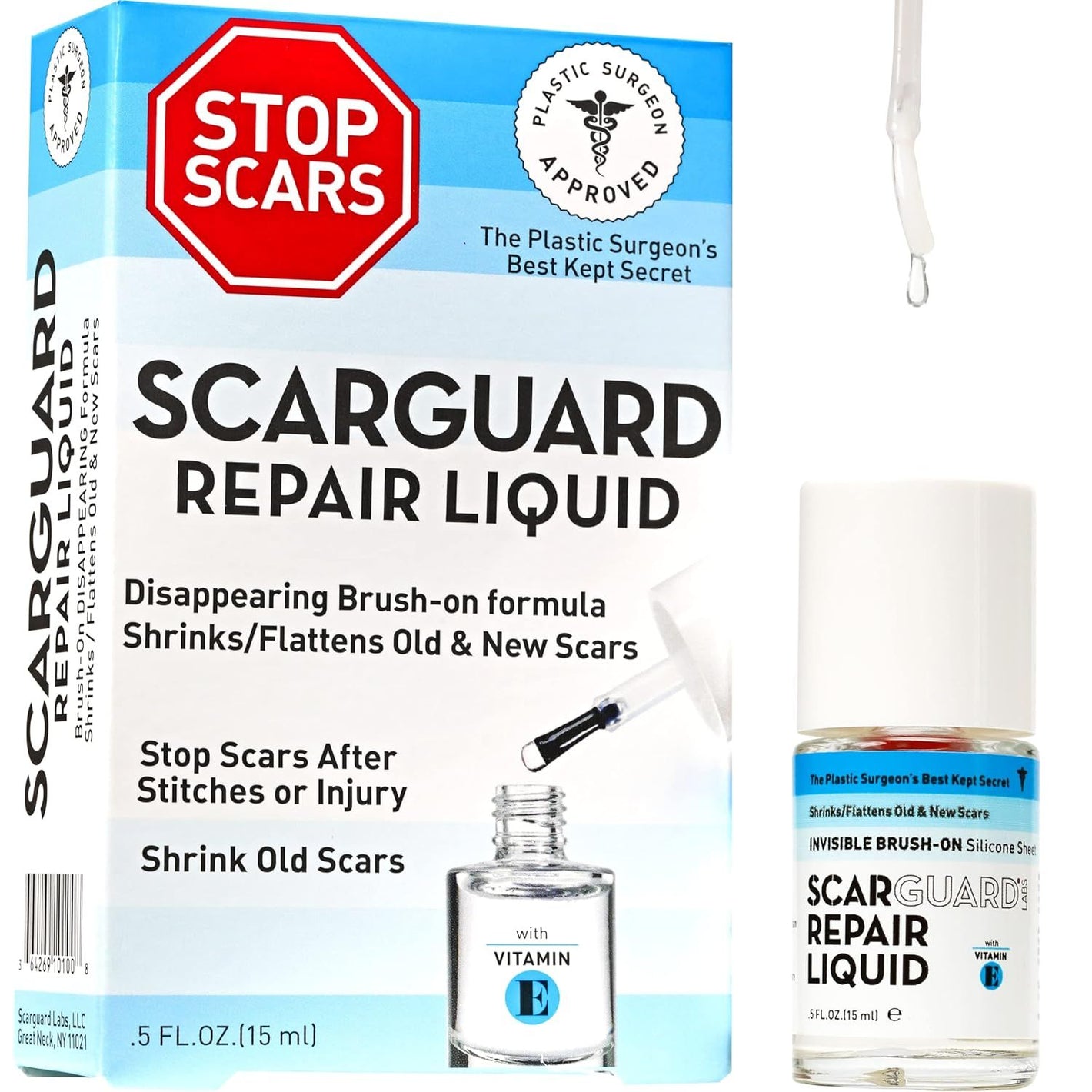 Scarguard - Invisible Brush-On Silicone Sheet with Vitamin E - Scar Removal for Keloids, Burn Scars, Surgery Scars, Stitches, Cuts - No Ugly Scar Sheets, Cream or Messy Scar Gel Needed
