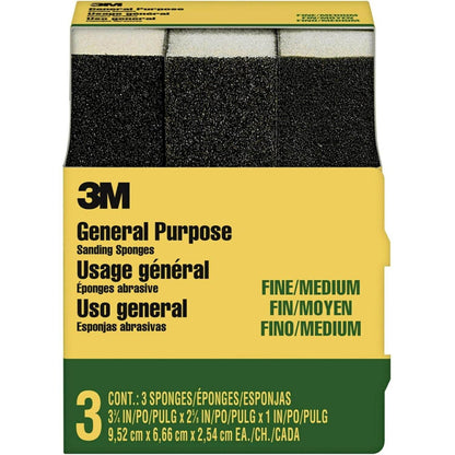 3M General Purpose Sanding Sponge 908NA-3P-CC, 3 3/4 in x 2 5/8 in x 1 in, Dual Grit, Fine/Medium, 3 sponges/pack, 6 pks/cs - My Store