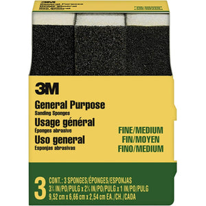 3M General Purpose Sanding Sponge 908NA-3P-CC, 3 3/4 in x 2 5/8 in x 1 in, Dual Grit, Fine/Medium, 3 sponges/pack, 6 pks/cs
