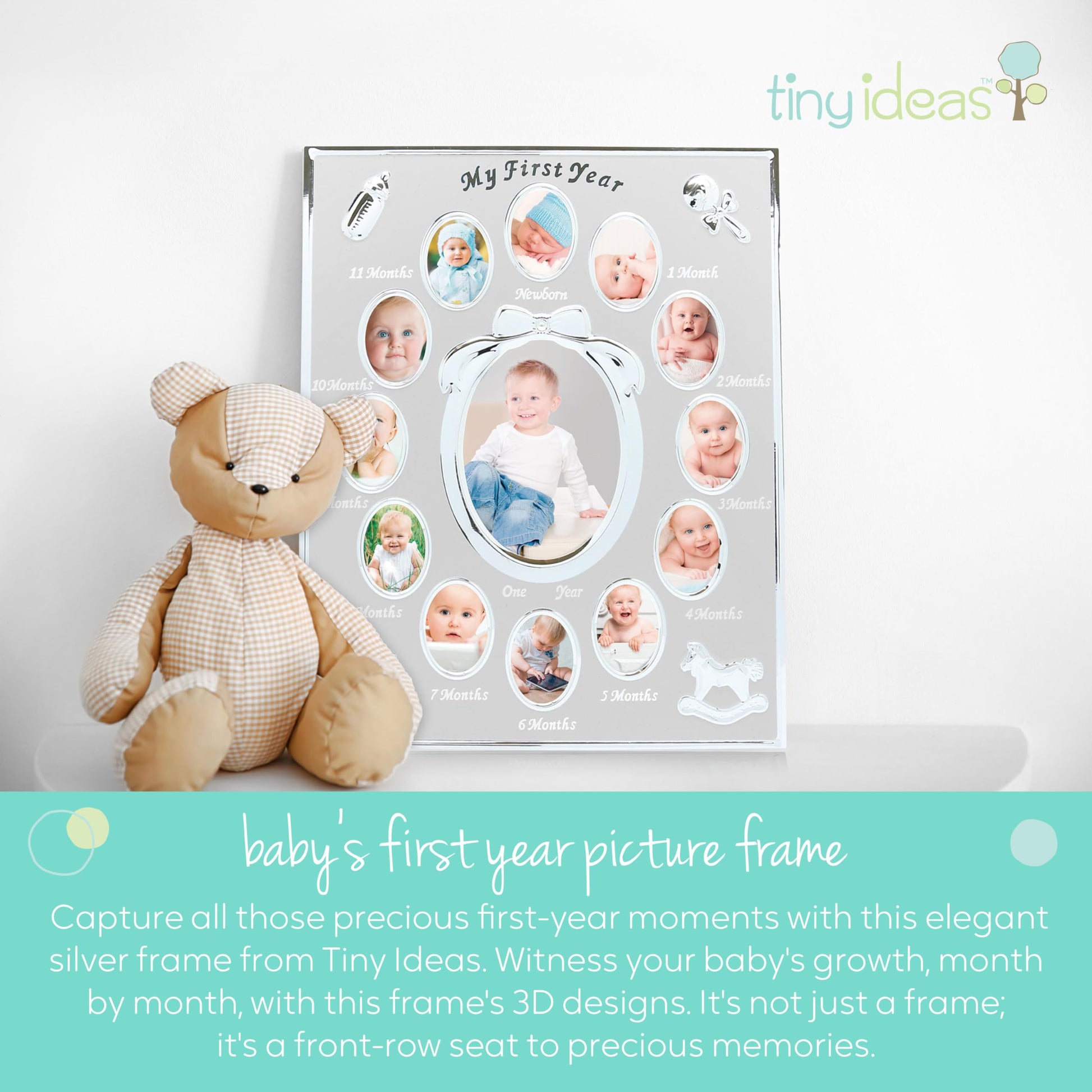 Buy now Tiny Ideas Baby's My First Year Picture Frame, Classic Newborn Keepsake, Monthly Baby Milestone Photos, Silver at indiglob india