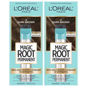 Buy now L'Oreal Paris Magic Root Rescue 10 Minute Root Hair Coloring Kit, Permanent Hair Color with Quick Precision Applicator, 100 percent Gray Coverage, 4 Dark Brown, 2 count at indiglob india
