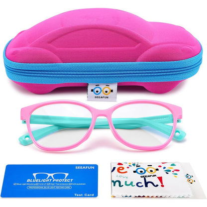 Blue Light Glasses for Kids Girls Boys with Cute Car Case, UV400 Protection, Anti Blue Ray Age3-12