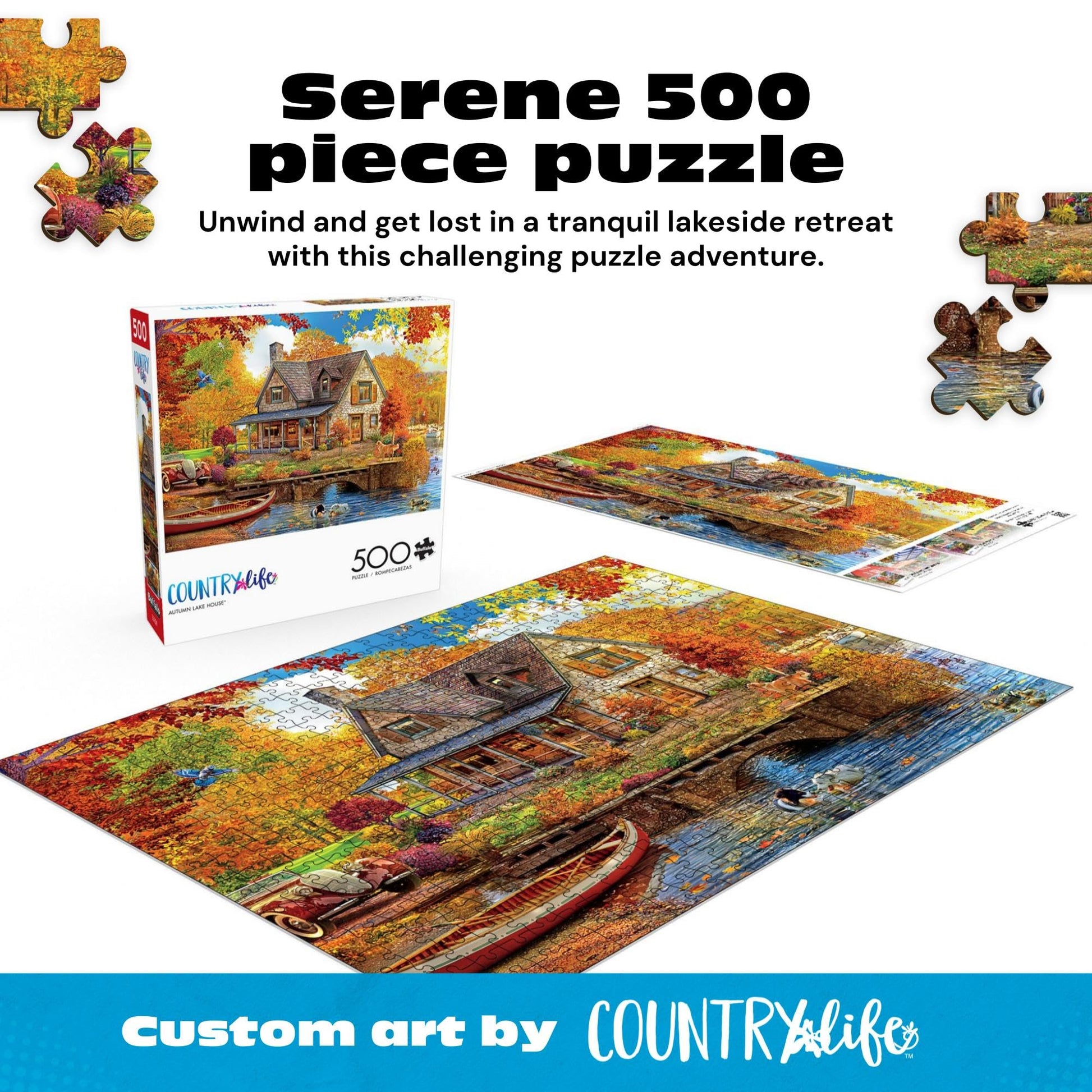 Buy now Buffalo Games - 500 Piece Jigsaw Puzzle Angelo Bonito Autumn Lake House, Made in USA, Premium Recycled Board, Full-Color Poster at indiglob india