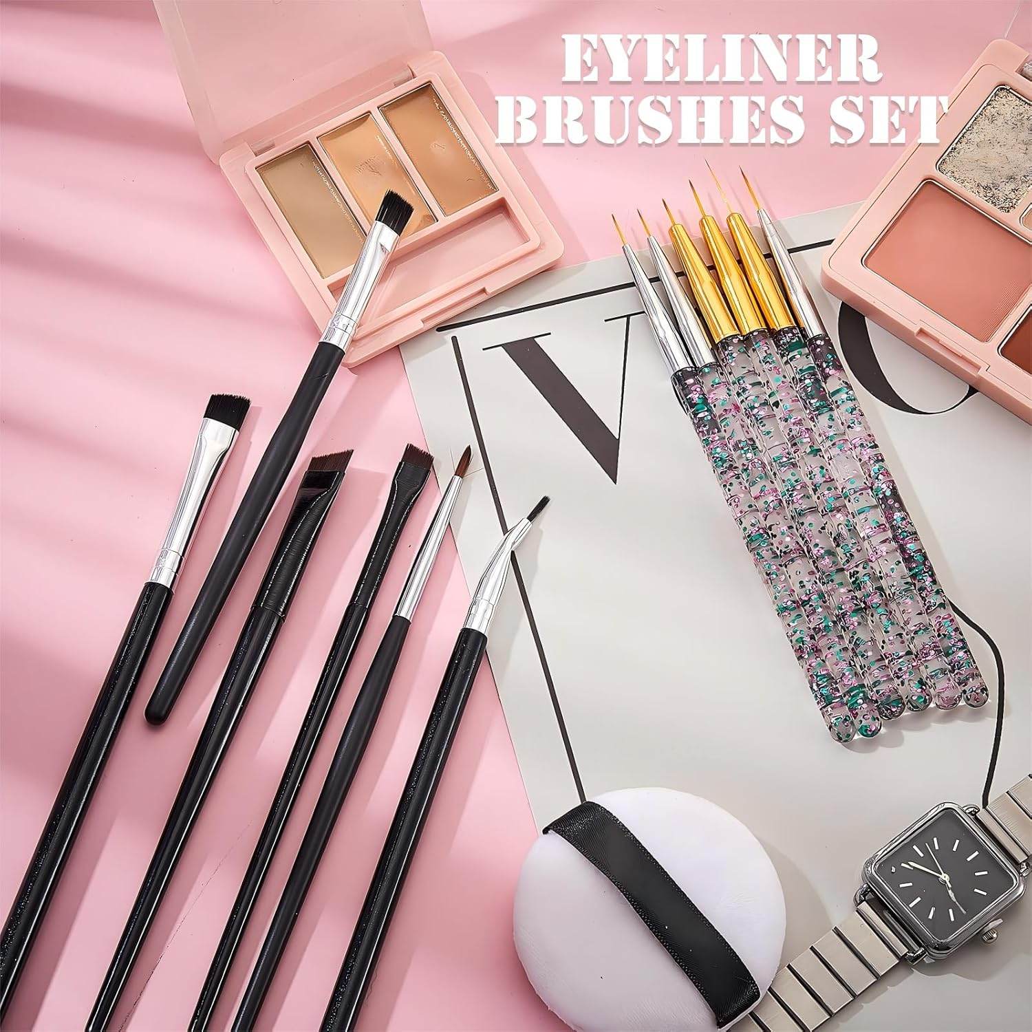 12 Pieces Eyeliner Brushes Set, Slanted Makeup Gel Eyeliner Brush Line Fine Bent Eyeliner Brush Pointed Round Makeup Brush Angled Eyeliner Makeup Tool for Girls Women Cosmetic Applicators - My Store