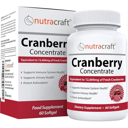 Nutracraft #1 Cranberry Extract Supplement for Bladder & Urinary Tract Support | 12,600 mg of Fresh Cranberries, Vitamin C & E and Polyphenols | Lab Tested & Easy to Swallow | 60 Softgels