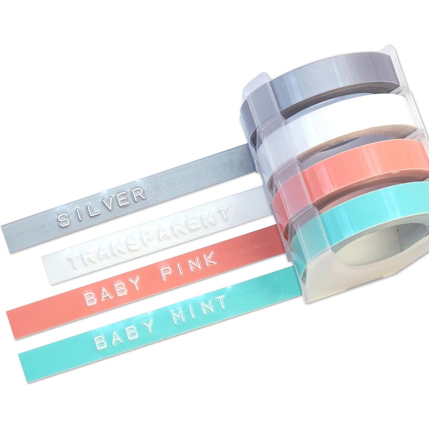 Motex Refill Tape for Embossing Label Maker, 4 Color Tapes, 3/8-Inch (Baby Pink, Baby Mint, Silver, Transparent)