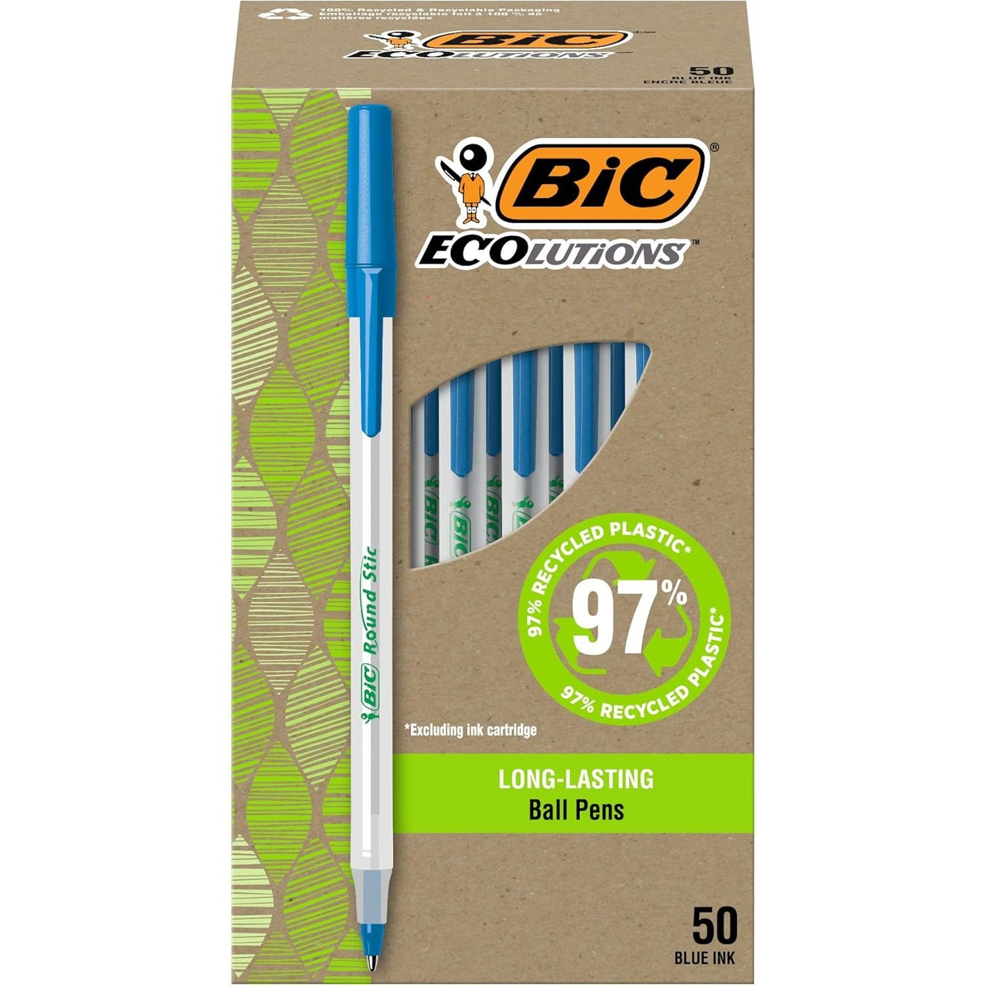 BIC Ecolutions Round Stic Ballpoint Pens, Medium Point (1.0mm), 50-Count Pack, Blue Ink Pens Made from 97% Recycled Plastic
