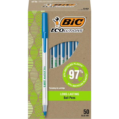 BIC Ecolutions Round Stic Ballpoint Pens, Medium Point (1.0mm), 50-Count Pack, Blue Ink Pens Made from 97% Recycled Plastic