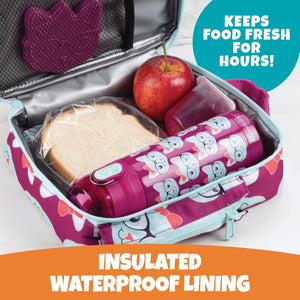 Bentology Kids Lunch Bag Set Pink Kitty- Thick Padded Handle, Insulated Tote, Reusable Hard Ice Pack & Insulated Stainless Steel Water Bottle- Keeps Lunch Fresh Longer, Back to School Lunchbox Kits