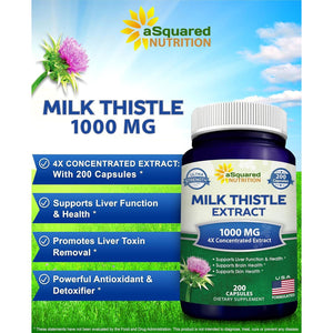 aSquared Nutrition Milk Thistle Supplement 1000mg-200 Capsules,Max Strength 4X Concentrated Extract 4:1 Milk Thistle Seed Powder Herb Pills, 1000 mg Silymarin Extract for Liver Support, Cleanse, Detox