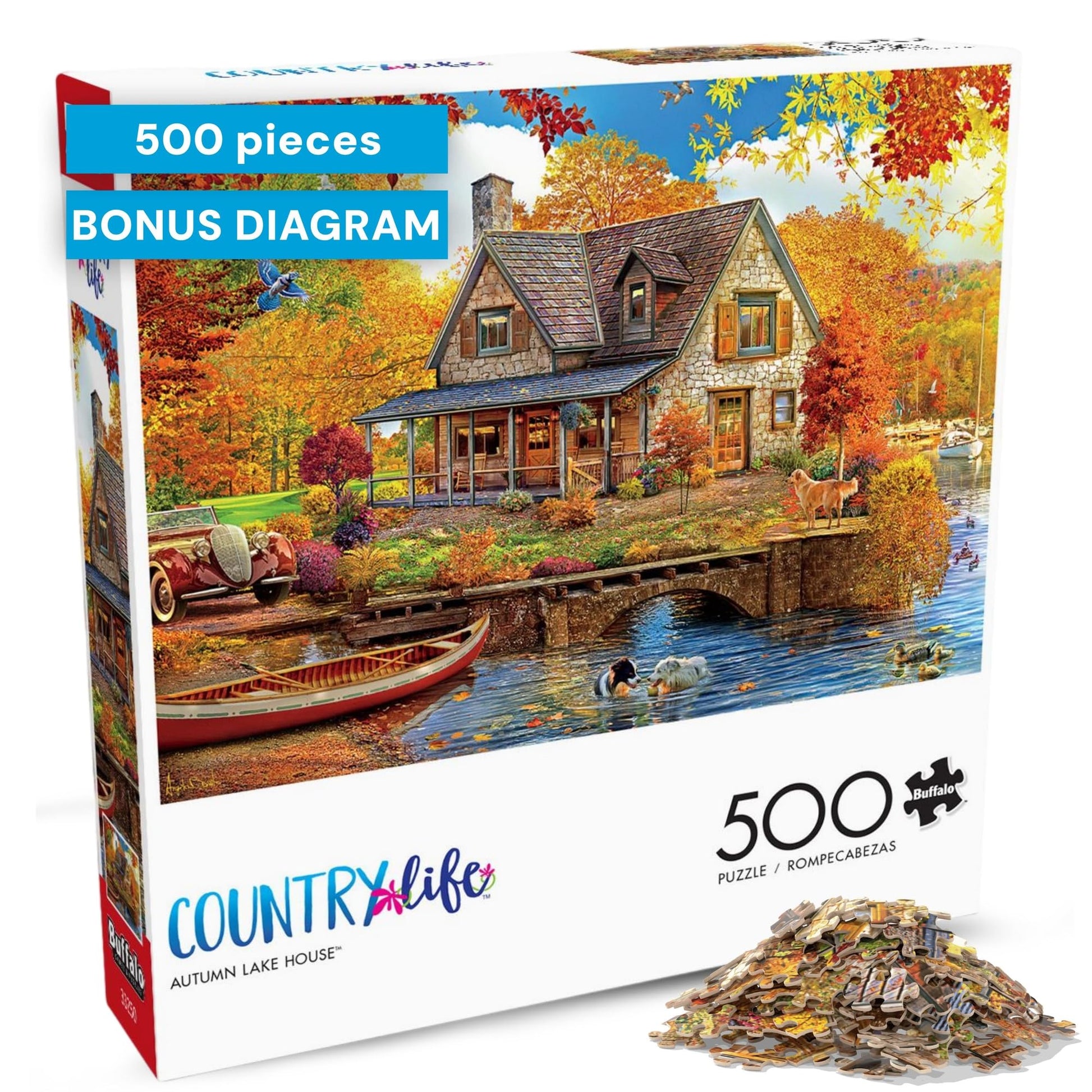 Buy now Buffalo Games - 500 Piece Jigsaw Puzzle Angelo Bonito Autumn Lake House, Made in USA, Premium Recycled Board, Full-Color Poster at indiglob india