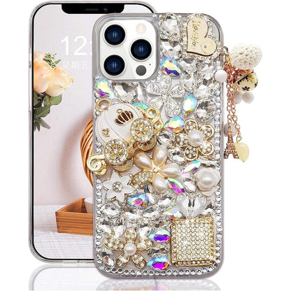 Guppy for iPhone 14 Pro Max Bling Glitter Case,Luxury Diamond Rhinestone Gemstone 3D and Flower Gemstone Pumpkin Car Tower Pendant Pearl Soft TPU Back Cover Case for Women Pink