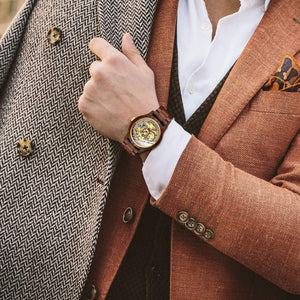 IK COLOURING Men's Watches Luxury Mechanical Wooden Case Skeleton Lumious Automatic Self-Winding Lightweight Genuine Leather Bracelet/Wood Band Wrist Watch