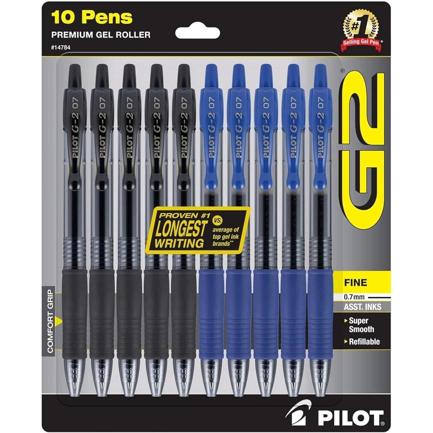 PILOT G2 Pens 0.7 mm - Fine Point, Refillable & Retractable Ballpoint Pens, Pack of 10; 5 Black & 5 Blue