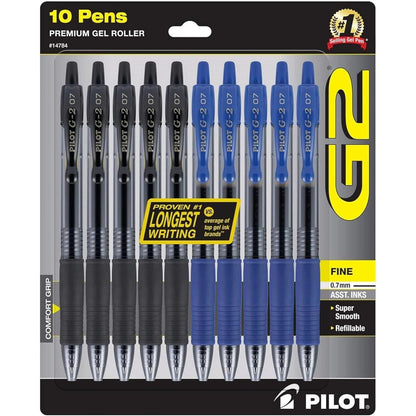 PILOT G2 Pens 0.7 mm - Fine Point, Refillable & Retractable Ballpoint Pens, Pack of 10; 5 Black & 5 Blue