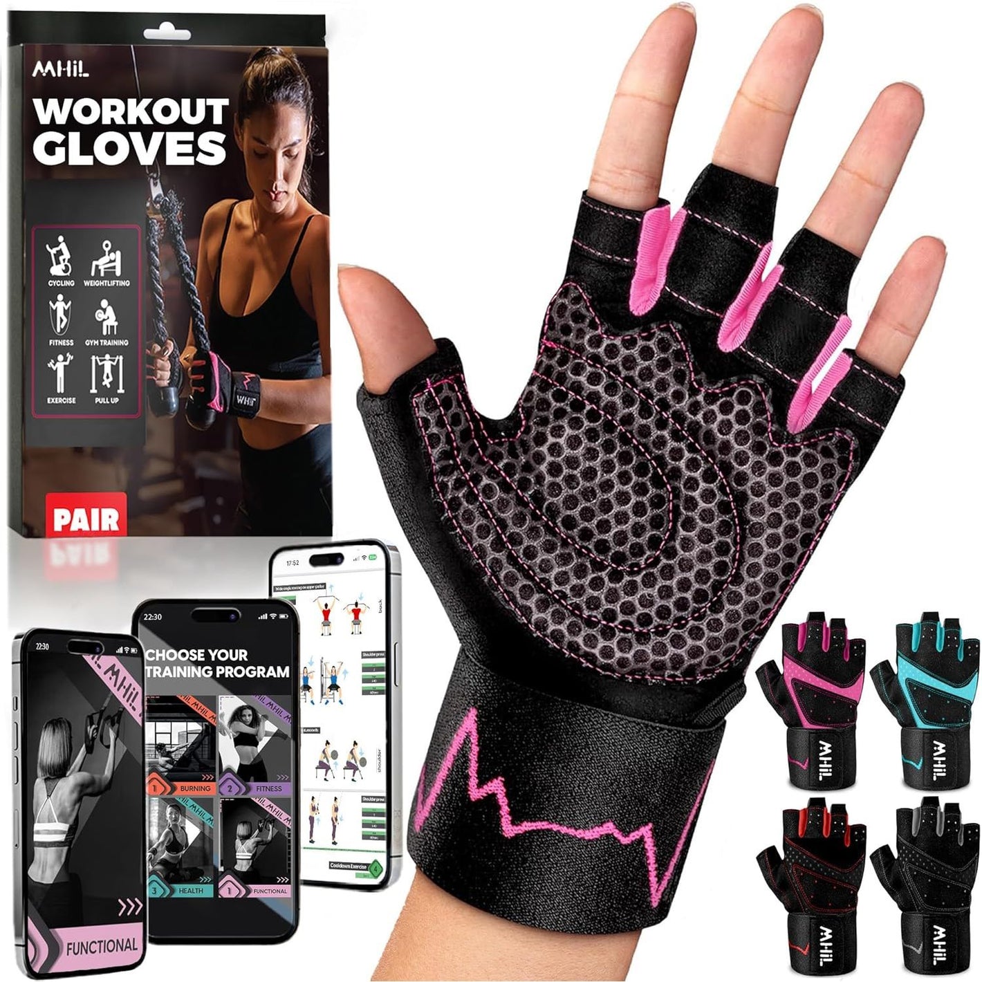 MhIL Workout Gloves for Women – Breathable Gym Gloves for Women with Palm Protection and Enhanced Grip – Padded Weight Lifting Glove for Womens with Wrist Wraps Support Weightlifting Exercise Cycling