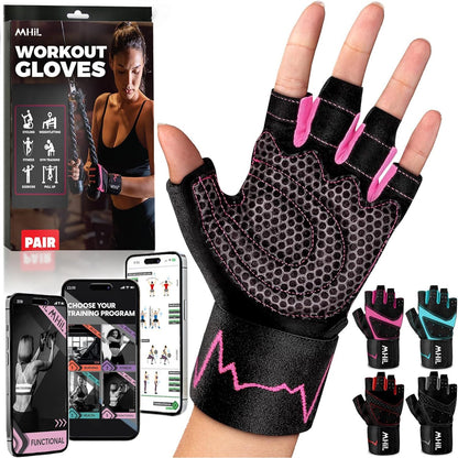 MhIL Workout Gloves for Women – Breathable Gym Gloves for Women with Palm Protection and Enhanced Grip – Padded Weight Lifting Glove for Womens with Wrist Wraps Support Weightlifting Exercise Cycling