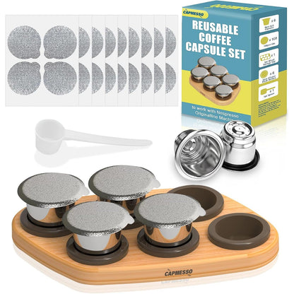 CAPMESSO Reusable Capsules for Nespresso OriginalLine, 6pcs Nespresso Refillable Pods Stainless Steel Coffee Pods Compatible with Nespresso Originaline Machine(6 Pods+100 Lids+ Wood Storage Tray)