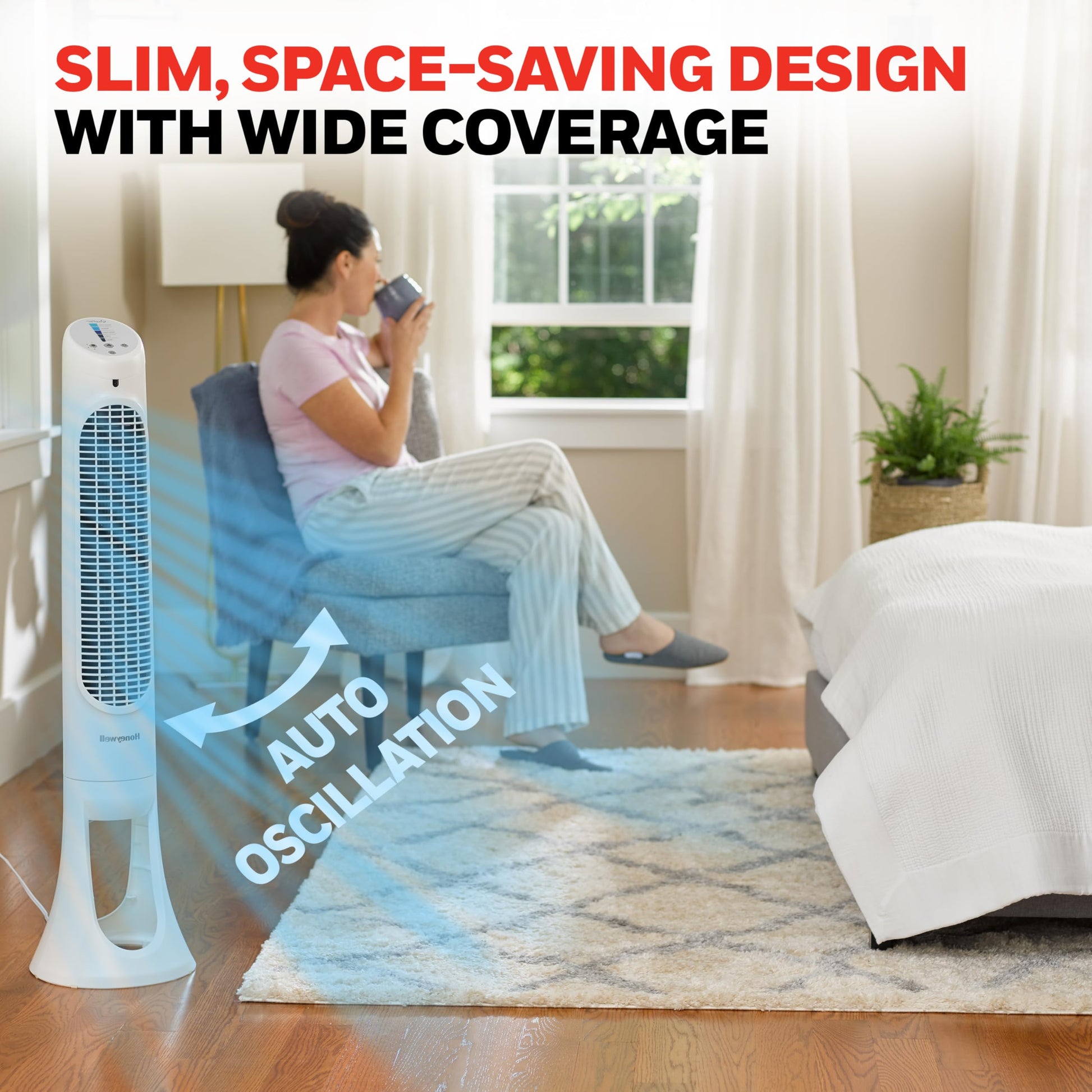 Buy now Honeywell QuietSet Whole Room Oscillating Tower filter Fan with Remote, White, HYF260 at indiglob india