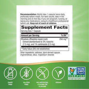 Nature's Way Rhodiola Premium Extract, 250 mg per serving, Supports Energy & Cognitive Performance*, Adaptogenic Herb*, Non-GMO Project Verified, Vegan, Gluten Free, 60 Capsules (Packaging May Vary)