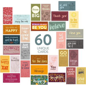 DIVERSEBEE 60 Pack Assorted Motivational Cards - Inspirational and Kindness Mini Note Cards, Gratitude Encouragement Card Set with 60 Unique Motivational Quotes Business Card Size (Assorted)