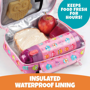 Bentology Kids Lunch Bag Set w Matching Reusable Water Bottle & Hard Ice Pack- Pink Yellow Rainbow Owls- Insulated Tote, Stainless Steel Insulated Thermos, Hard Ice Pack- Back to School Lunchbox Kits