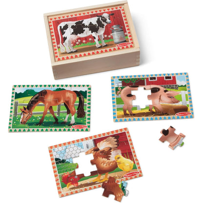 Melissa & Doug 4‑in‑1 Wooden Farm Jigsaw Puzzle Set, 48 Pieces with Storage Box, Toddler Puzzle Toy for Kids Ages 3+