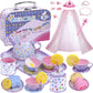 Tea Party Set for Little Girls,PRE-WORLD Princess Tea Time Toy Including Dessert,Cookies,Doughnut,Teapot Tray Cake, Tablecloth & Carrying Case,Kids Kitchen Pretend Play for Girls Boys Age 3-6