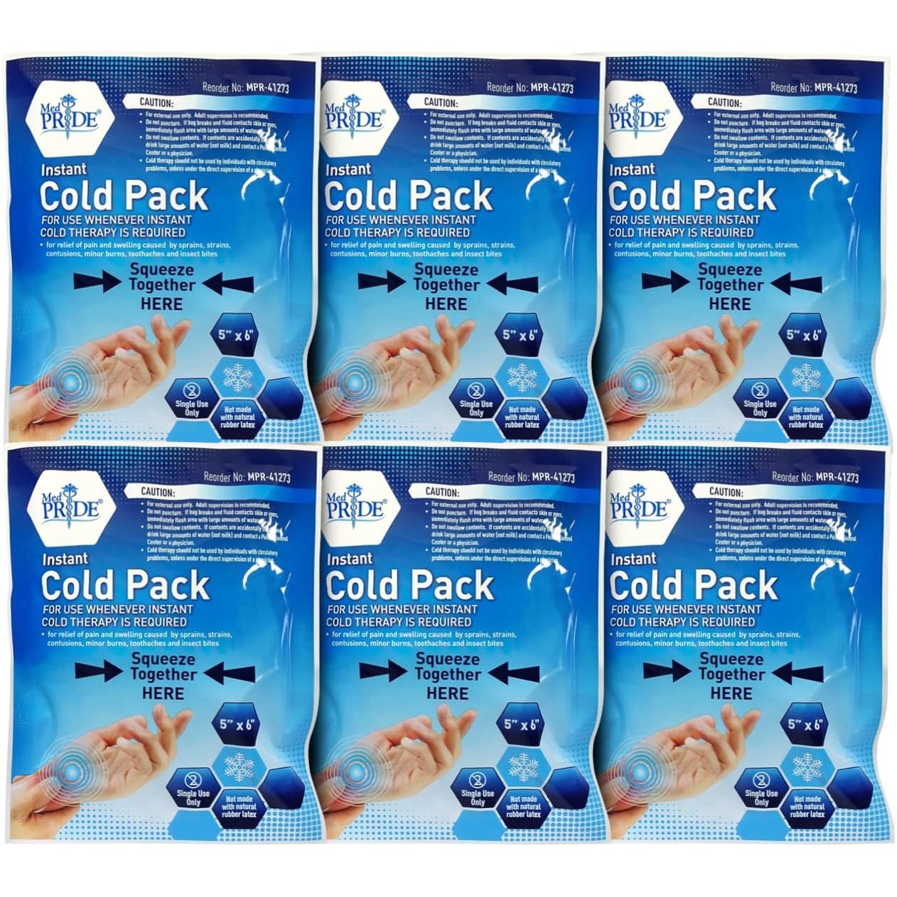 MED PRIDE Instant Cold Pack First Aid Kit Ice Pack for Injuries and Pain Relief, No Freezer Needed, 5in X 6in (6 Count (Pack of 1) Clear)