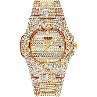 PINTIME Mens Diamond Watches Luxury Unisex Silver Gold Iced-Out Bling CZ Crystal Fashion Quartz Womens Watch