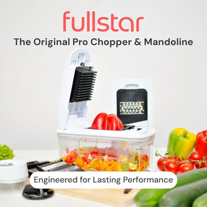 Fullstar All-in-1 Vegetable Chopper and Mandoline Slicer for Kitchen - Cheese Grater, French Fry Cutter, Cheese Slicer - Bonus Handheld Spiralizer Included (6 in 1, Black/White)