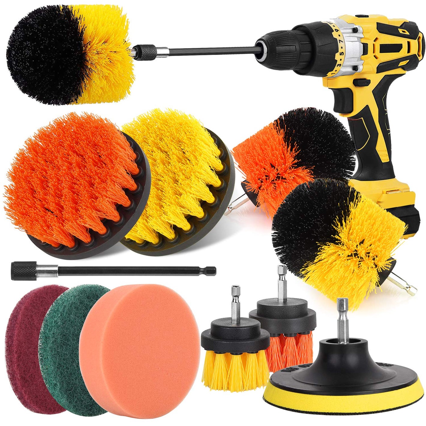 Buy now Drill Brush Power Scrubber Brush Set, Herrfilk Drill Brush Attachment Set with Extend Attachment and Scrub Pads Sponge, Drill Bit Scrub Brush for Cleaning Grout, Car,Tiles, Sinks, Bathtub at indiglob india