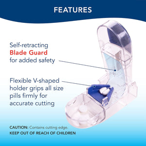Apex Ultra Pill Cutter, Professional Medical Pill Splitter with Retracting Blade Guard, for Precise Cutting Small or Large Tablets, Vitamins, Blue/Green and Clear, 1 Count, Compact & Travel-Friendly