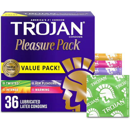 TROJAN Pleasure Pack Assorted Condoms, Lubricated Condoms, 36 Count