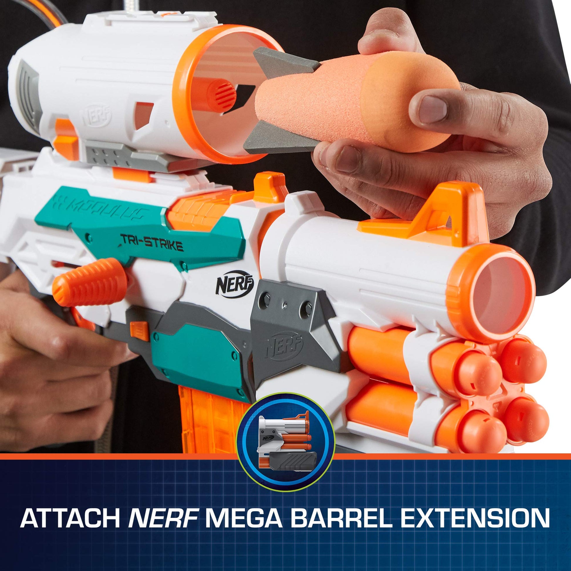 Buy now Nerf Modulus Tri-Strike Blaster, Mega Barrel, Rocket Launcher, Clip, 1 Rocket, Kids Outdoor Games (Amazon Exclusive) at indiglob india